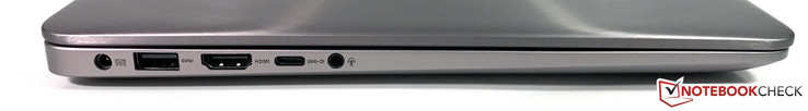 Izquierda: toma de corriente, USB 3.0, USB 3.1 Type-C (Gen.1 + DisplayPort), audio 3.5 mm