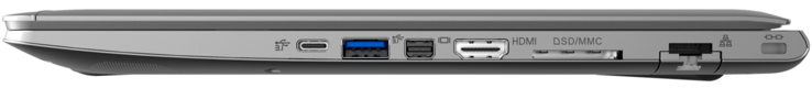 Derecha: 1x Thunderbolt 3, 1x USB 3.1 Gen1, Mini Display Port, HDMI, lector de tarjetas 6 en 1, LAN, Kensington Lock