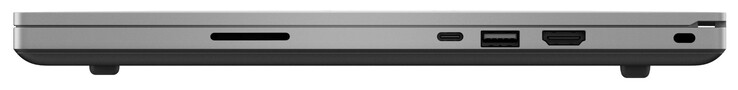 Lado derecho: Lector de tarjetas SD, un puerto Thunderbolt 3, un puerto USB 3.2 Gen 2 Tipo-A, salida HDMI, ranura de seguridad Kensington.