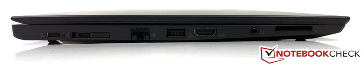 izquierdo: Thunderbolt 3, USB-C 3.1 (Gen1), acoplamiento, Gigabit Ethernet, USB 3.0, HDMI 1.4b, conector estéreo de 3.5 mm, lector de tarjetas de tamaño completo