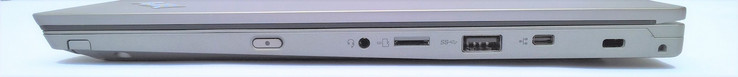 Lado derecho: botón de encendido, combo de audio, ranura para tarjeta microSD, 1x USB 3.0 Type-A, miniEthernet, Kensington Lock