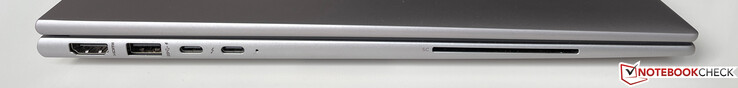 Izquierda: HDMI 2.0, USB-A 3.2 gen 1 (5 Gb/s, con alimentación) 2x USB-C con Thunderbolt 4 (USB 4, 40 Gb/s, DisplayPort modo ALT 1.4, Power Delivery 3.0), lector de tarjetas inteligentes (opcional)