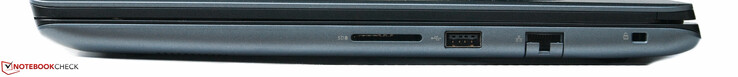A la derecha: Lector de tarjetas SD, 1 x puerto USB, 1 x puerto Ethernet, Noble seguridad