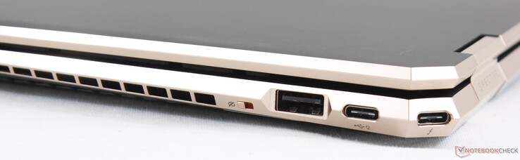 A la derecha: Interruptor de apagado de la webcam, USB 3.1 Gen. 1 Tipo-A, 2x USB Tipo-C + Thunderbolt 3