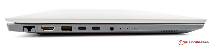 Lado izquierdo: Ethernet (RJ45), HDMI 1.4b, USB 3.1 Gen 1, USB-C 3.1 Gen 1, USB-C 3.1 Gen 2 (DisplayPort, PowerDelivery), jack 3.5 mm