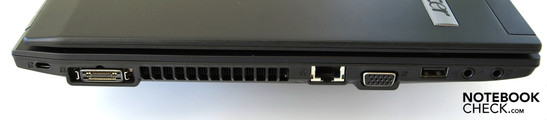 Lado izquierdo: Compartimiento Seguro Kensington, puerto docking, ventilador, RJ45 (LAN), VGA, USB 2.0, micrófono, auriculares