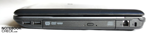 Lado derecho: 2 x USB, DVD drive, modem