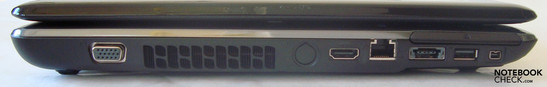 VGA, rejilla, HDMI, LAN, compartimiento ExpressCard, puerto combinado E-SATA/USB 2.0, USB 2.0, Firewire