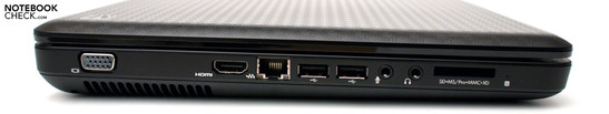 Izquierda: VGA, HDMI, RJ-45, dos puertos USB 2.0, audio, cardreader,  LEDs
