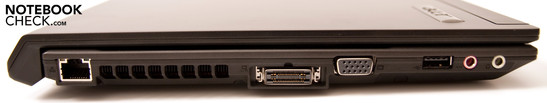 Lado Izquierdo: 1x USB 2.0, conectores de audio (salida de audífonos, entrada de micrófono), VGA, Acer EasyPort IV, RJ45 puerto de red (Gigabit LAN)