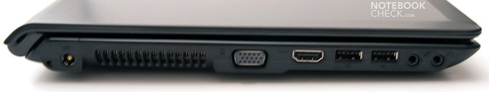 Lado Izquierdo: 2 USB, VGA, HDMI, conectores de audio, conector de poder