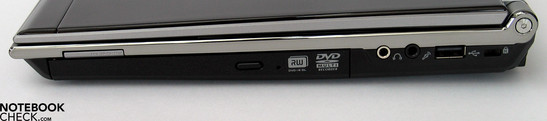 Derecha: Unidad DVD, lector de tarjetas, puertos de audio (S/PDIF), USB, cierre  Kensington.
