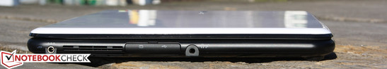 Izquierda: AC, Mini VGA, USB 2.0 (bajo la tapa), puerto de cascos/micrófono