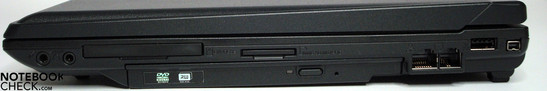 Lado Derecho, de izquierda a derecha: Audio, ExpressCard/54, Lightscribe-DVD, Lector de Tarjetas, LAN, Modem, USB, Firewire
