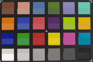 Foto de colores de ColorChecker. Colores originales mostrados en la mitad inferior de cada casilla.