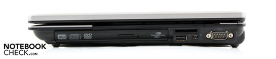 Lado derecho: Quemador de DVD, Lightscribe, USB 2.0, FireWire, lector de tarjeta, serial D-Sub (RS232, 9 pin)