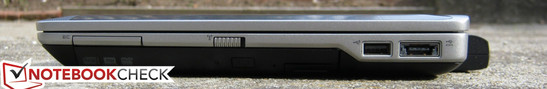 Derecha: ExpressCard/34, E-Modular bay, interruptor Wi-Fi, USB 2.0, USB 2.0/eSATA