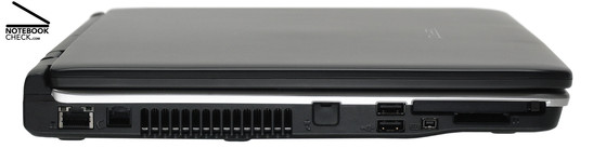 Izquierda: Gigabit LAN, 54k-modem, Ventilador, 2x USB-2.0, Firewire, EXpresscard/54, Lector de tarjetas