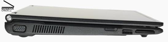 Izquierda: VGA, Ventilador, Interruptor WLAN, 1x USB-2,0, lector de tarjetas 4en1