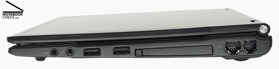 Derecha: Auriculares, micrófono, 2x USB-2.0, ranura PCMCIA. LAN Gigabit, Modem