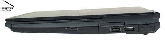 Derecha: Unidad DVD, ExpressCard/34, 2xUSB 2.0, LAN, modem, antena WWAN