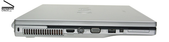 Lateral Izquierdo: Cierre Kensington, ranuras de ventilación, HDMI, salida S-Video, VGA, 1x USB 2.0, i.LINK (IEEE1394, FireWire) interfaz S400, ExpressCard/34