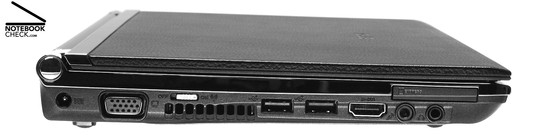 Lateral Izquierdo: Conector de corriente, VGA, Interruptor del Wireless, Ranuras de ventilación, 2x USB-2.0, puerto μ-DVI, Micrófono, auriculares (S/PDIF), ExpressCard/34