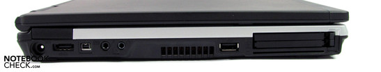 Izquierda: Conector de corriente, eSATA, Firewire 400, Audio, USB 2.0, ExpressCard/54, PCMCIA, SmartCard.