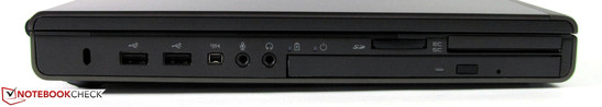 Izquierda: Bloqueo Kensington, 2x USB 2.0, FireWire, entrada/salida audio, lector de tarjetas, ExpressCard/54 y lector de tarjetas inteligente, grabador Blu-ray