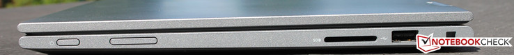 Lado derecho: botón de encendido, botón de volumen, lector de tarjetas SD, 1 x USB 2.0, cable de bloqueo