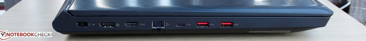 Izquierda: adaptador de corriente,  DisplayPort ???, HDMI 2.0, Gigabit Ethernet, USB Type-C con Thunderbolt 3, 2x USB 3.0