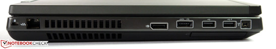 Izquierda: bloqueo Kensington, Gigabit LAN, DisplayPort, USB 2.0/eSata, 2x USB 2.0, FireWire 400