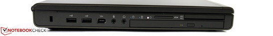 Izquierda: Bloqueo Kensington, 2x USB 2.0, FireWire 400, clavijas de audio, lector de tarjetas, grabador Blu-Ray, lector de Smart Card, ExpressCard 54/34