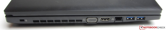Izquierda: bloqueo Kensington, salida VGA, HDMI, Gigabit-Ethernet, 2x USB 3.0