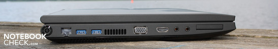 Izquierda: AC, 2 x USB 3.0, VGA, HDMI, Micrófono, Salida de Cascos, ExpressCard34