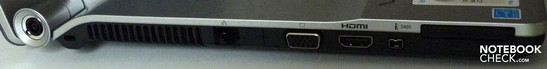Lado Izquierdo: Ranura para ExpressCard 34mm, Firewire, HDMI, VGA, LAN, rejilla del ventilador, seguro Kensington, entrada de poder
