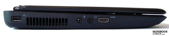 Lado izquierdo: USB, ducto de ventilación, micrófono, auriculares, HDMI