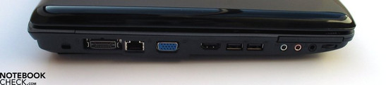 Izquierda: Cierre Kensington, Docking port, LAN, VGA, HDMI, 2x USB, puertos de audio, ExpressCard