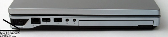 Lado Izquierdo: conector de poder, LAN, 2x USB 2.0, puertos de audio (micrófono, audífonos), DVD drive