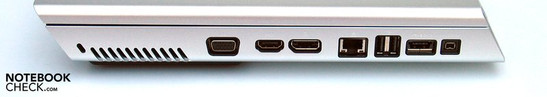 Lado izquierdo: VGA, HDMI, puerto de pantalla, LAN, 2xUSB, eSATA, Firewire