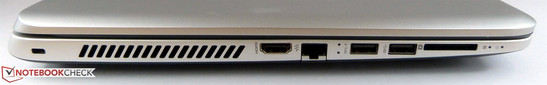 Los puertos HDMI, Gigabit LAN, 2x USB y el lector SD junto a una salida de ventilación y un bloqueo Kensington están algo apretados a la izquierda.