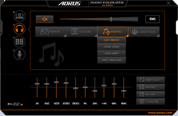 Aorus Audio con ajustes de ecualizador y preselecciones