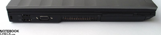 Left Side: Kensington Lock, 2x USB 2.0 / eSATA, VGA-Out, ExpressCard, SD Cardreader