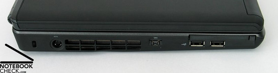 Izquierda: Cierre Kensington, Conector de Corriente, Ventilador, Firewire, 2x USB 2.0, ExpressCard