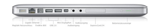 Todas las interfaces (excepto el Kensington Lock) están en el lado izquierdo: MagSafe (poder), Gigabit LAN, FireWire 800, 2x USB 2.0, Mini DisplayPort, Línea de entrada (análoga / óptica), Audífonos y Salida (análoga / óptica)