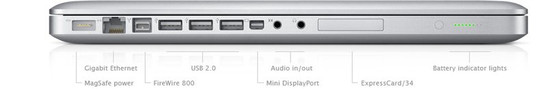 Todas las conexiones en el lado izquierdo: Poder, 1000MBit LAN, FireWire 800, 3x USB 2.0, Puerto Mini Display, entrada y salida de audio óptica-análoga, ExpressCard 34mm