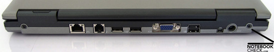 Parte trasera: LAN, Modem, 3x USB, VGA, Firewire, Conector de alimentación