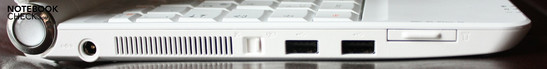 Lado izquierdo: Lector de tarjetas, 2x USB, interruptor inalámbrico, rejilla de ventilación, suministro de energía