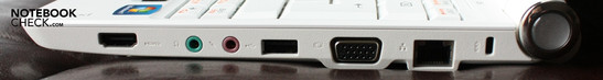Lado izquierdo: HDMI, puertos de audio y micrófono, USB, VGA, LAN, Seguro Kensington