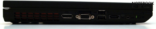 Lado Izquierdo: Ventilador, puerto de pantalla VGA, 2x USB 2.0, combo USB/eSATA, FireWire, interruptor WiFi principal